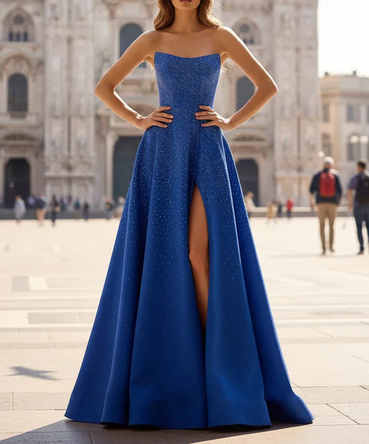 Glamorous Strapless Sweetheart Crystal-Embellished High-Slit Lace-Up Back Sweeping-Train Ballgown