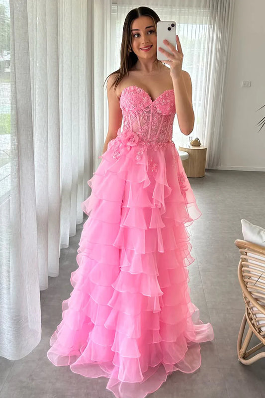 Glamorous Strapless Sweetheart Neckline 3D Floral Applique Tiered Ruffled Tulle Prom Dress with Corset Bodice
