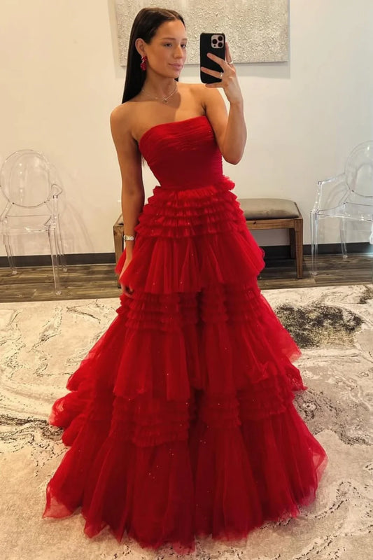 Glamorous Strapless Tiered Ruffled Glitter Tulle Prom Dress with Sweep Train