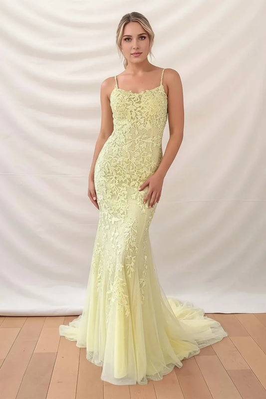 Glamorous Trumpet Square Neck Spaghetti Strap Zipper Back Long Prom Dresses