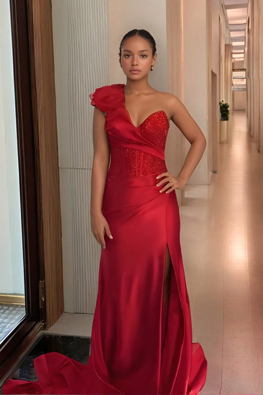 Glamorous Trumpet Sweetheart Neck One-Shoulder Zipper Back Long Prom Dresses