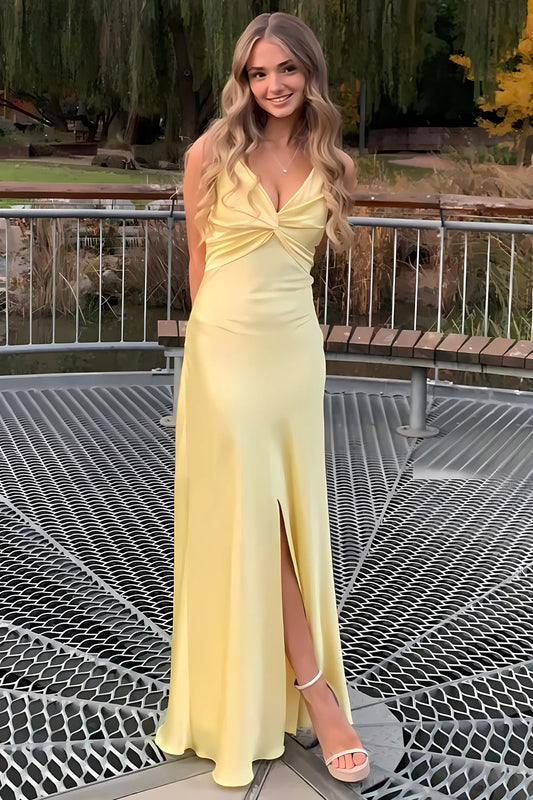 Glamorous Yellow Prom Dresses with Satin Twist Front and Open Back