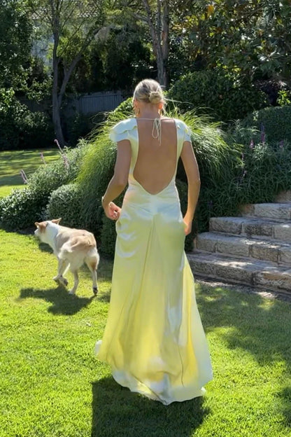 Glamorous Yellow Prom Dresses with Satin Twist Front and Open Back
