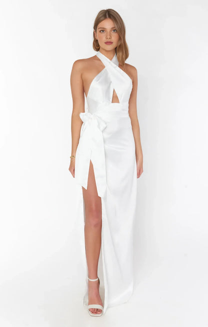 Glamorous A-Line Halter Neck Sleeveless High Slit White Floor-Length Prom Dress
