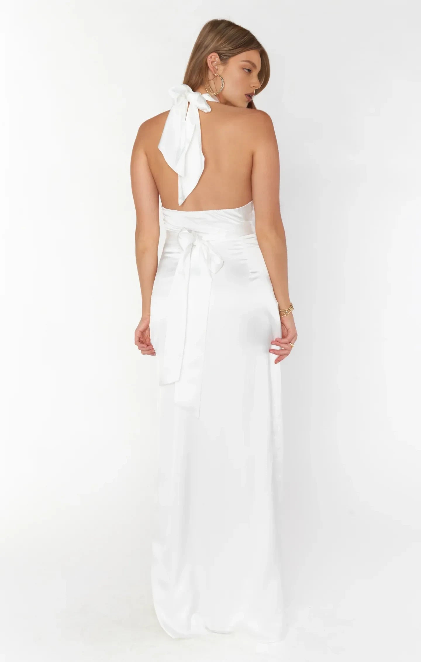 Glamorous A-Line Halter Neck Sleeveless High Slit White Floor-Length Prom Dress