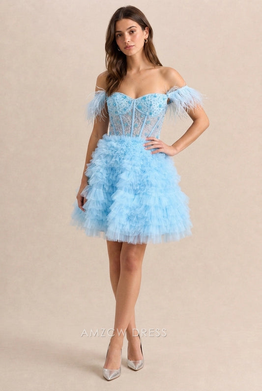 Glamorous A-Line Sweetheart Off-Shoulder Beaded Tiered Light Blue Short Homecoming Dress