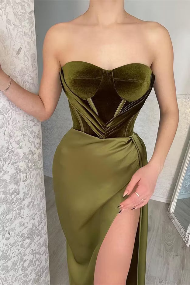 Glamorous A-Line Sweetheart Strapless Corset High-Slit Olive Green Floor-Length Prom Dress