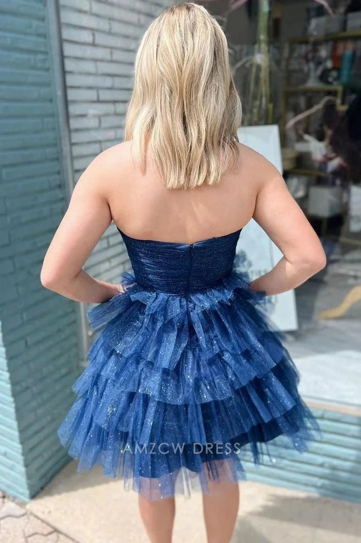Glamorous A-line Strapless Glittering Ruffled Navy Blue Short Homecoming Dresses