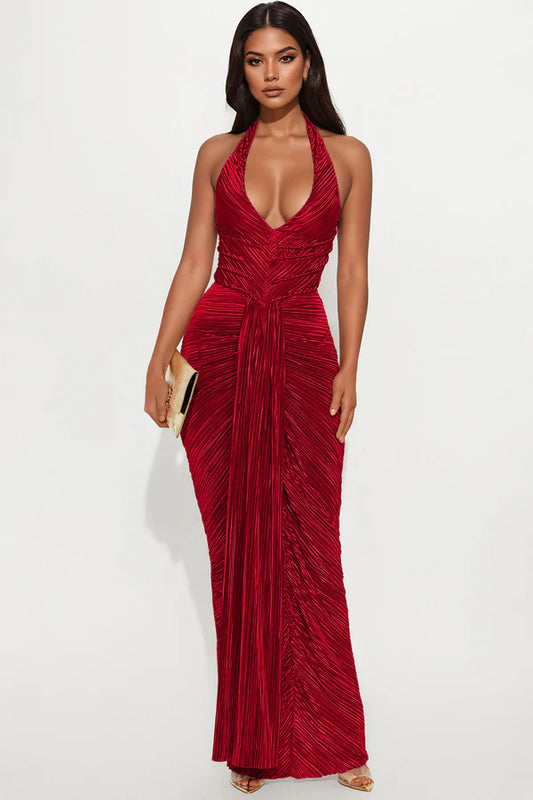Glamorous Bodycon Halter Sleeveless Ruched Draped Dark Red Floor-Length Prom Dress