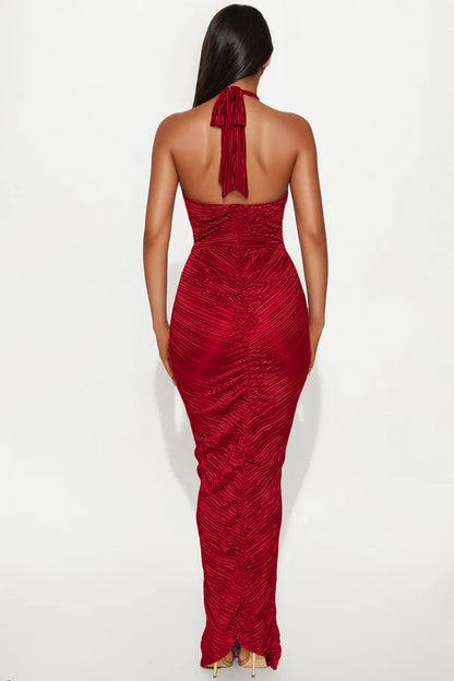 Glamorous Bodycon Halter Sleeveless Ruched Draped Dark Red Floor-Length Prom Dress