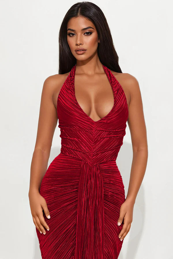 Glamorous Bodycon Halter Sleeveless Ruched Draped Dark Red Floor-Length Prom Dress