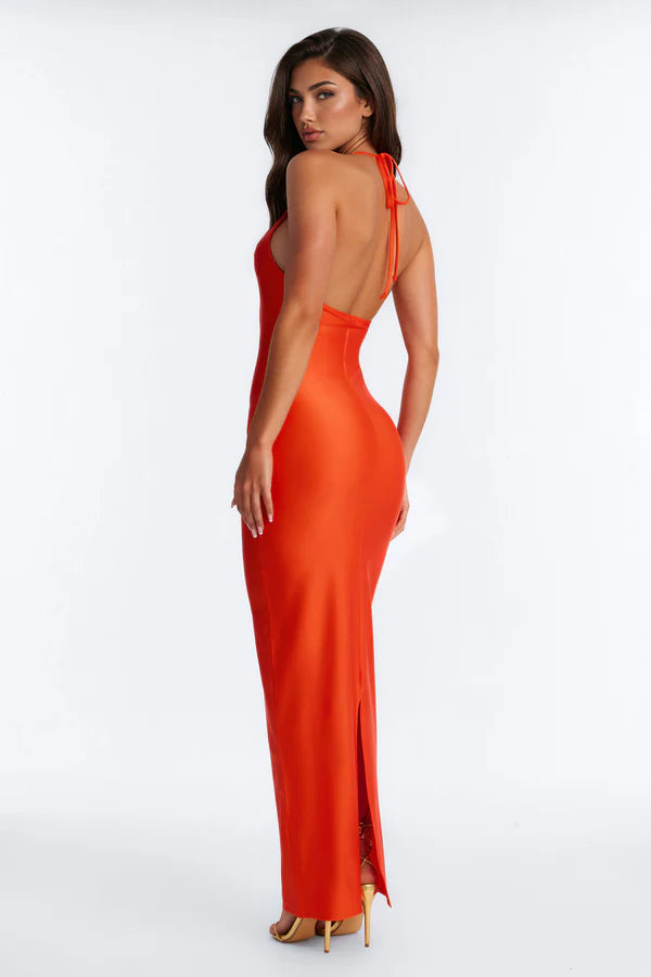 Glamorous Gold-Ring Halter Sleeveless Bodycon Backless Orange Floor-Length Prom Dress