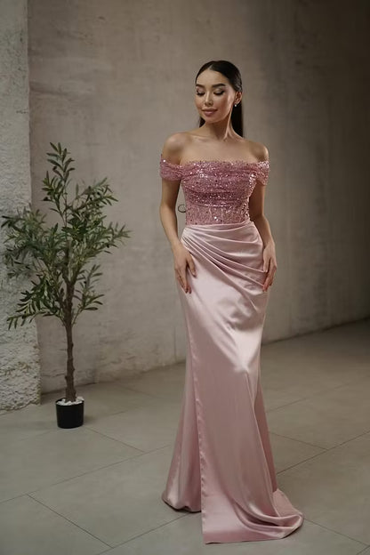 Glamorous Off-Shoulder Sequin Ruched Pink Floor-Length Mermaid Prom Gown