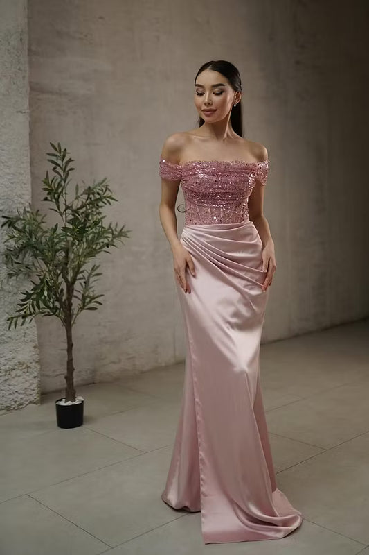 Glamorous Off-Shoulder Sequin Ruched Pink Floor-Length Mermaid Prom Gown