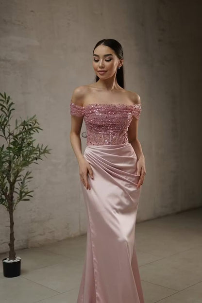 Glamorous Off-Shoulder Sequin Ruched Pink Floor-Length Mermaid Prom Gown