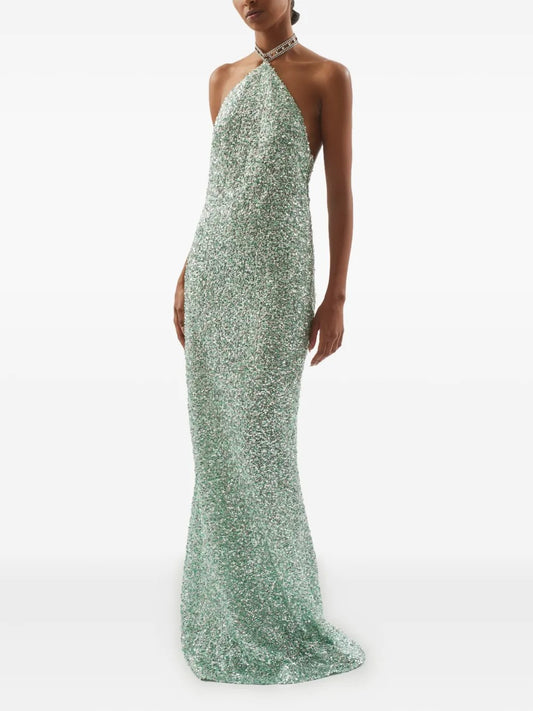 Glimmering Sage Green Sequin Halter Backless Prom Dress