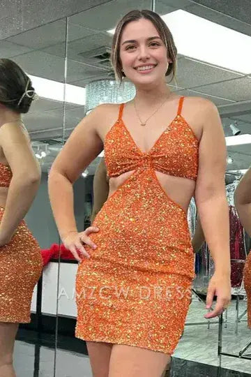 Amzcw Elegant Glitter Fitted V-Neck Spaghetti Straps Homecoming Dress formal wear dresses
