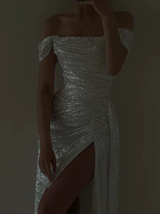 Glittery Off-Shoulder Ruched Lace-Up-Back Slit Maxi Prom Dress