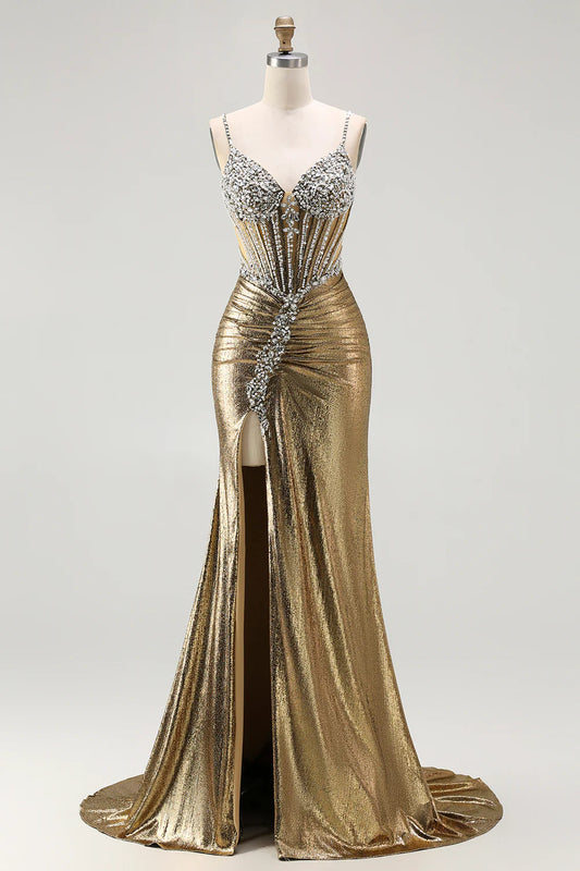 Gold Metallic Mermaid Prom Dress with Beaded Corset Bodice Spaghetti Straps Lace-Up Back High Slit Floor-Length Evening Gown