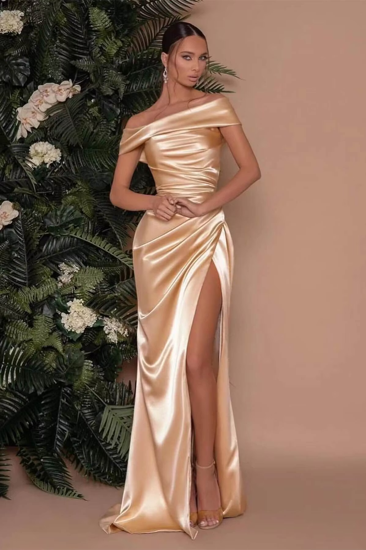 Gold Off The Shoulder Draped Satin High Slit Mermaid Long Formal Evening Prom Dress