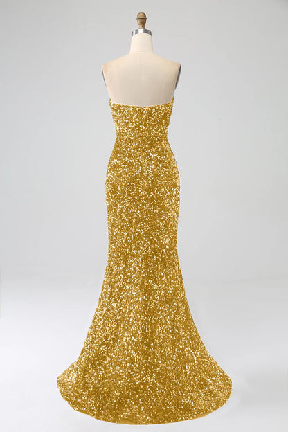 Amzcw Golden Mermaid Strapless Sequins Long Prom Dress With Slit prom dresses shops