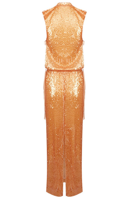 Golden Sequined Satin Sleeveless V-Neck Slit Mermaid Evening Gown for Party Wedding Prom Banquet