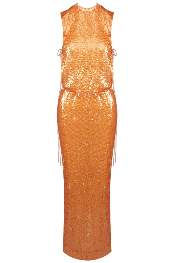 Golden Sequined Satin Sleeveless V-Neck Slit Mermaid Evening Gown for Party Wedding Prom Banquet