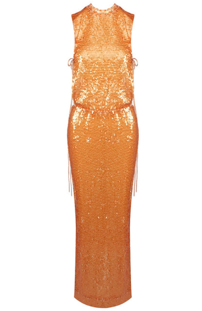 Golden Sequined Satin Sleeveless V-Neck Slit Mermaid Evening Gown for Party Wedding Prom Banquet