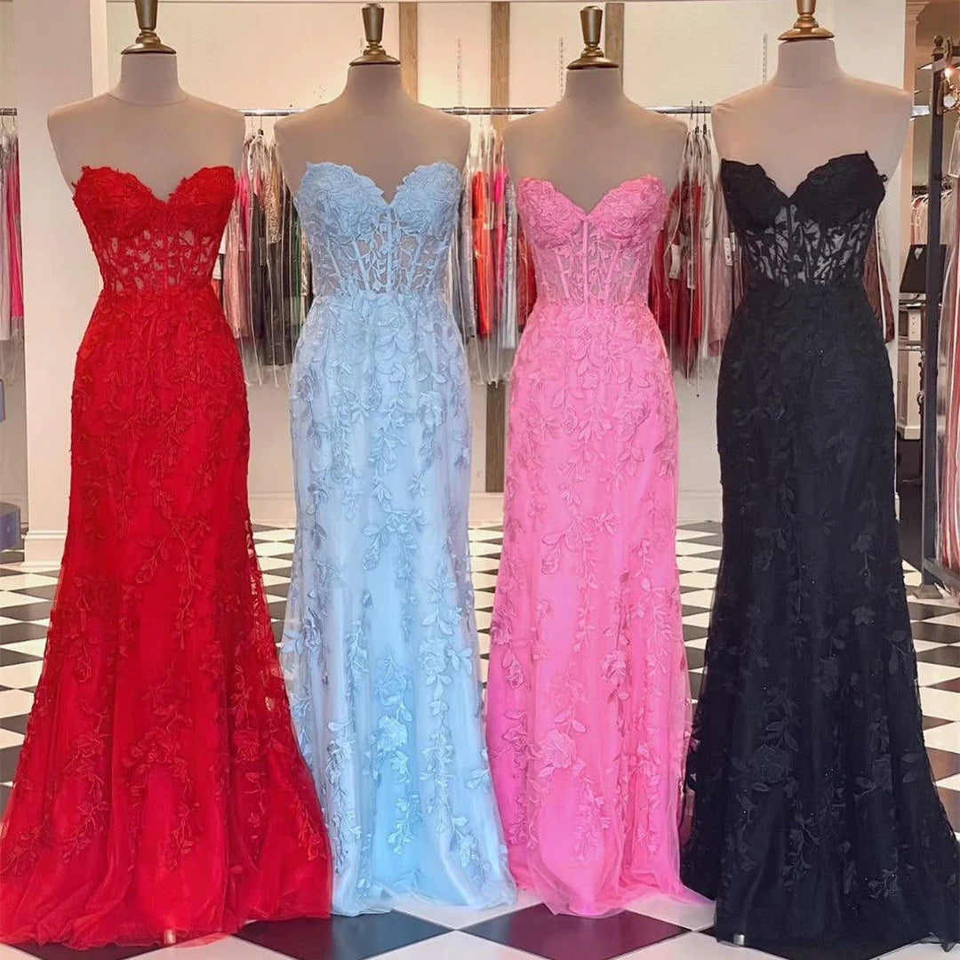 Gorgeous Pink Lace Long Sweetheart Sleeveless Mermaid Appliques Prom Dresses