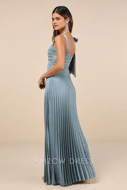 Vestido largo elegante y elegante con lazo, sin mangas, plisado y satén pizarra, de Amzcw. 