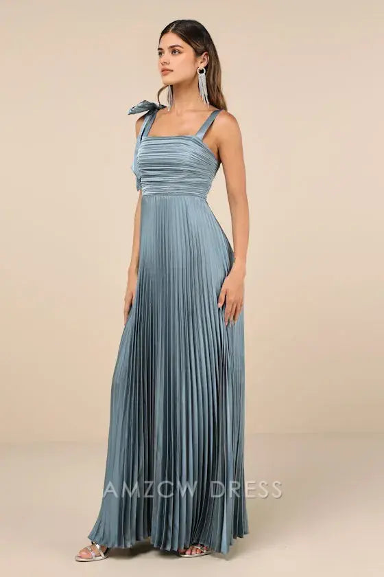 Vestido largo elegante y elegante con lazo, sin mangas, plisado y satén pizarra, de Amzcw. 