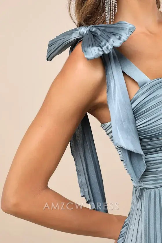 Vestido largo elegante y elegante con lazo, sin mangas, plisado y satén pizarra, de Amzcw. 