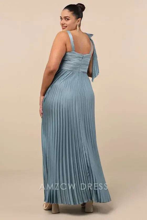 Vestido largo elegante y elegante con lazo, sin mangas, plisado y satén pizarra, de Amzcw. 