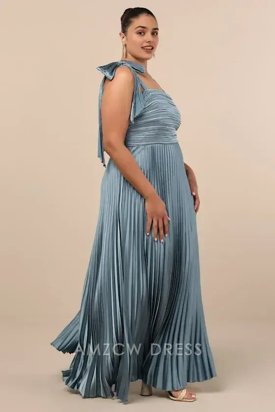 Vestido largo elegante y elegante con lazo, sin mangas, plisado y satén pizarra, de Amzcw. 