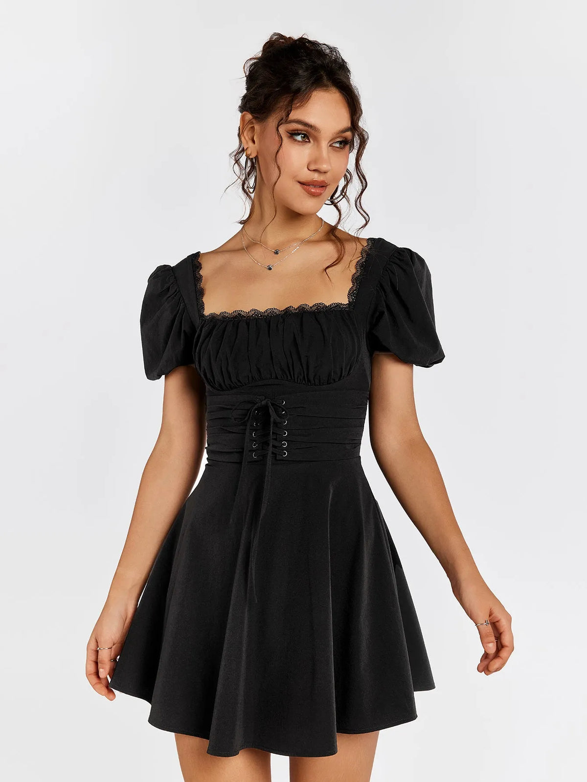 Gothic A-Line Square Neck Puff Sleeve Open Back Mini Homecoming Dresses