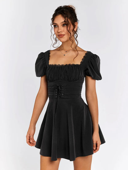 Gothic A-Line Square Neck Puff Sleeve Open Back Mini Homecoming Dresses