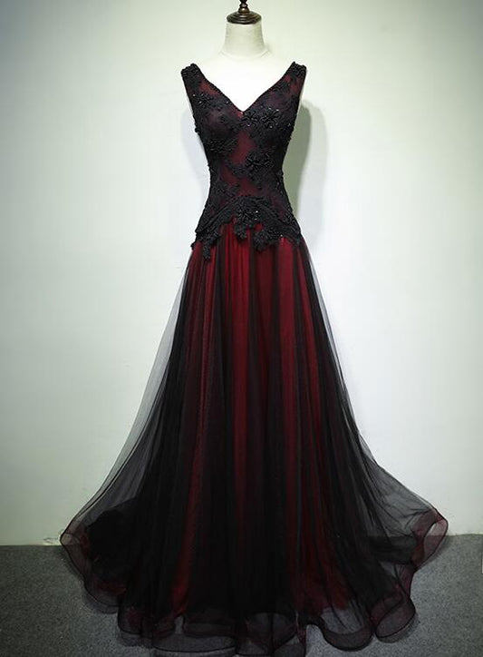 Gothic Beaded Lace Lace-up-back Ombre Tulle Floor-length Prom Dress
