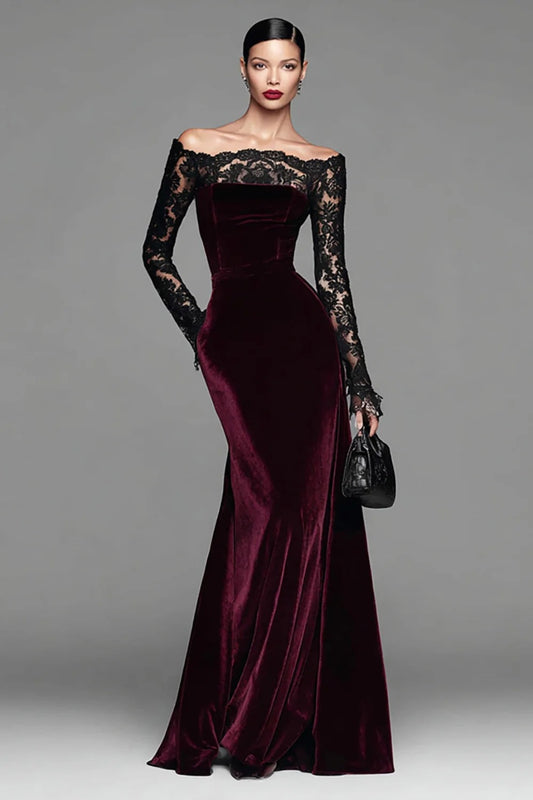 Gothic Mermaid Off-the-Shoulder Lace-Sleeve Velvet Prom Dress