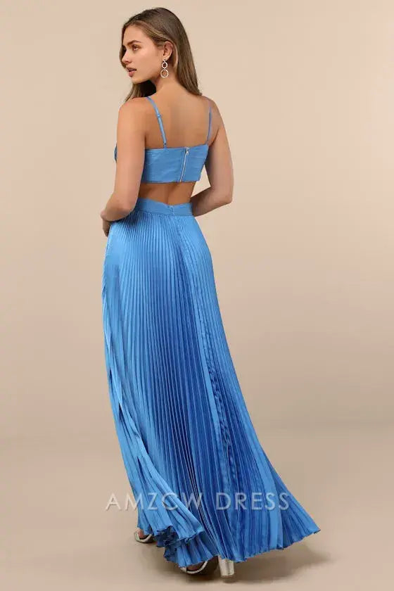 Vestido largo plisado con aberturas azules glamurosos de Amzcw Elegant Got the Glam, vestidos formales 