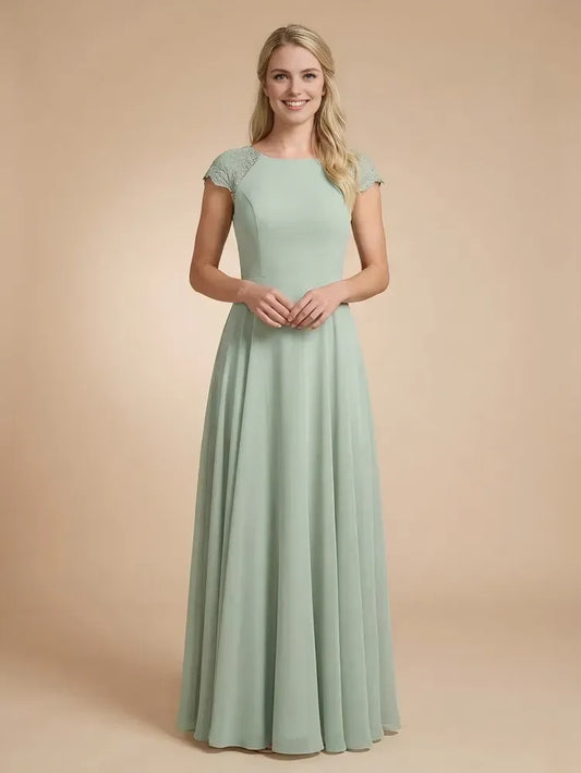 Graceful A-Line Round Neck Cap Sleeve Modest Sage Green Floor-Length Prom Dress