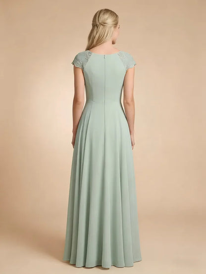 Graceful A-Line Round Neck Cap Sleeve Modest Sage Green Floor-Length Prom Dress