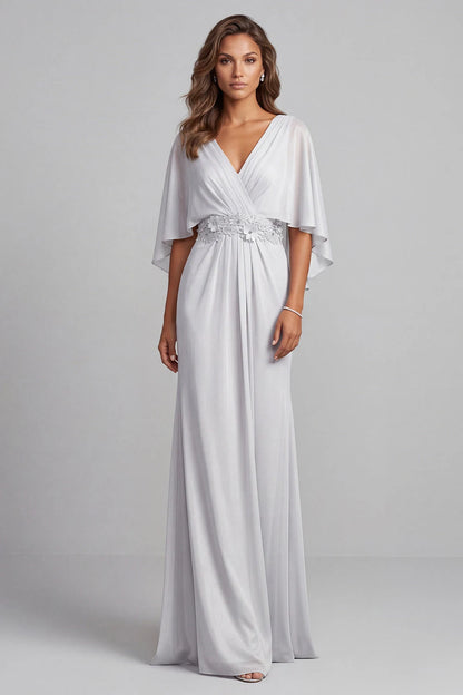 Graceful A-Line V-Neck Sleeved Floral Silver Maxi Mother Of The Bride Dresses