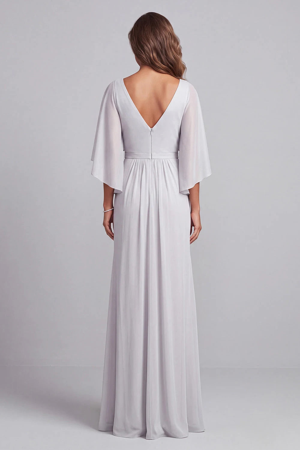 Graceful A-Line V-Neck Sleeved Floral Silver Maxi Mother Of The Bride Dresses
