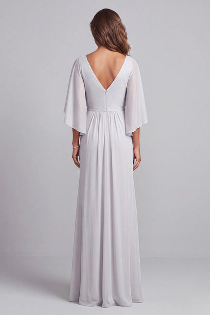 Graceful A-Line V-Neck Sleeved Floral Silver Maxi Mother Of The Bride Dresses