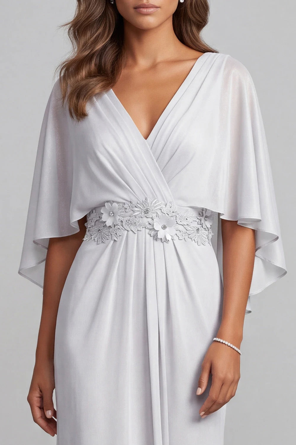 Graceful A-Line V-Neck Sleeved Floral Silver Maxi Mother Of The Bride Dresses
