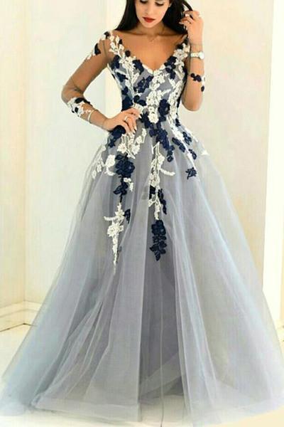 Vestidos de fiesta de corte A con escote en V, mangas largas, transparentes y flores hechas a mano 