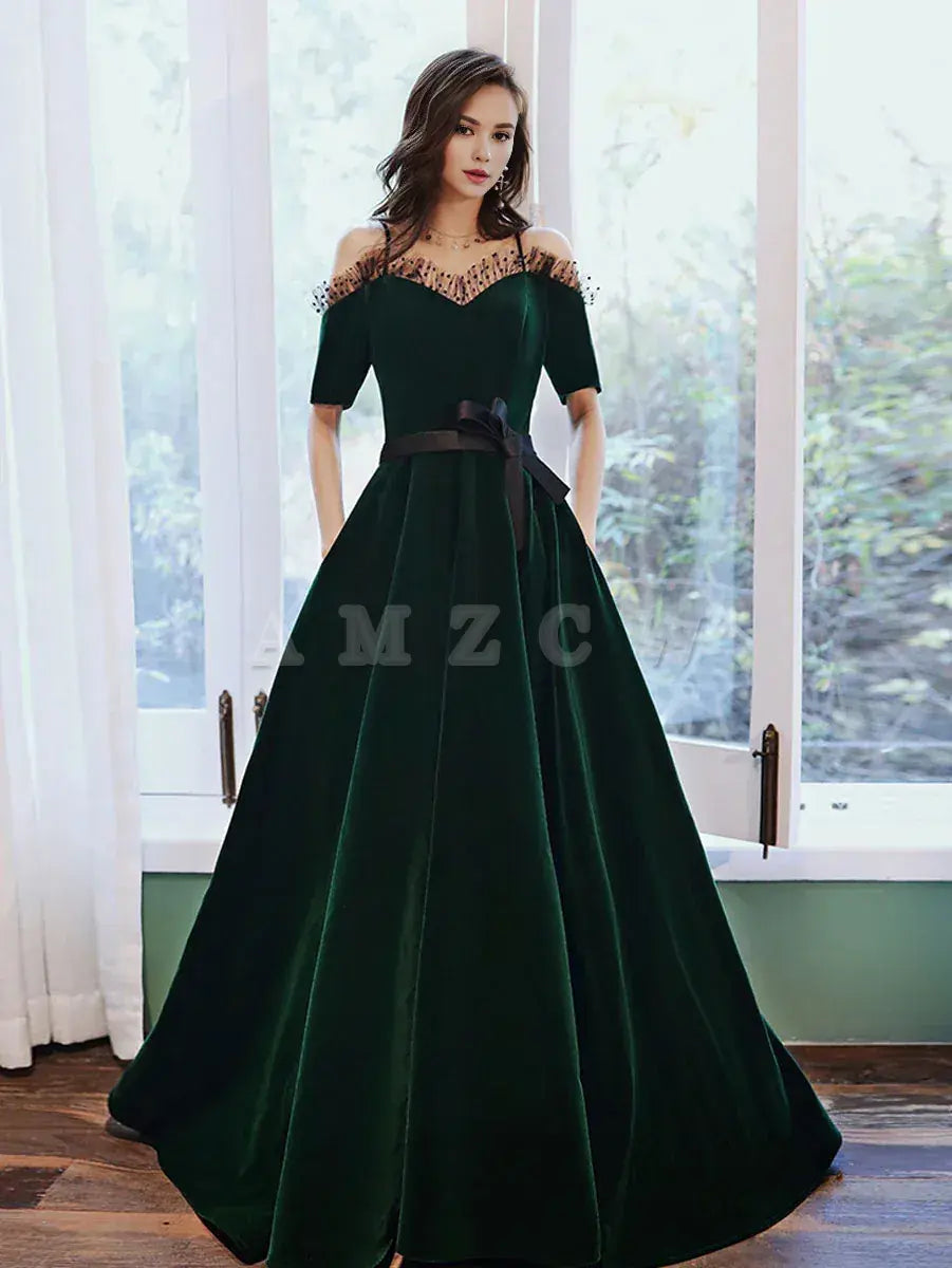 Vestido de fiesta largo de terciopelo verde de Amzcw, corte A, vestido de noche verde, vestidos formales. 