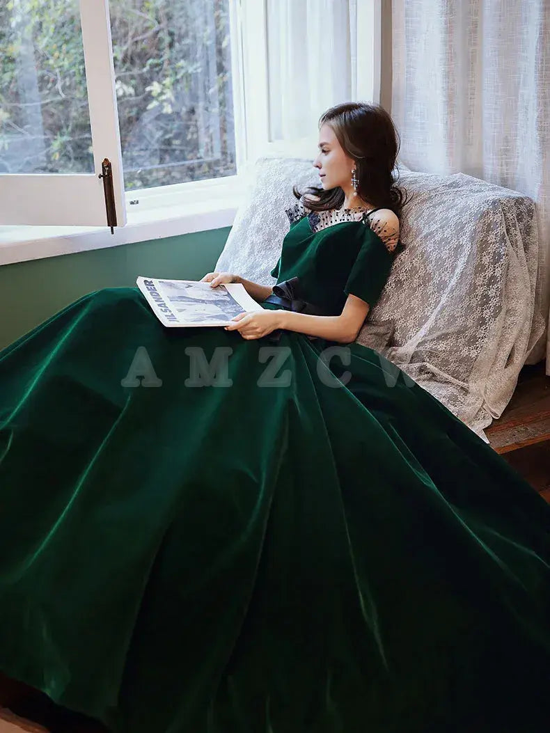 Vestido de fiesta largo de terciopelo verde de Amzcw, corte A, vestido de noche verde, vestidos formales. 