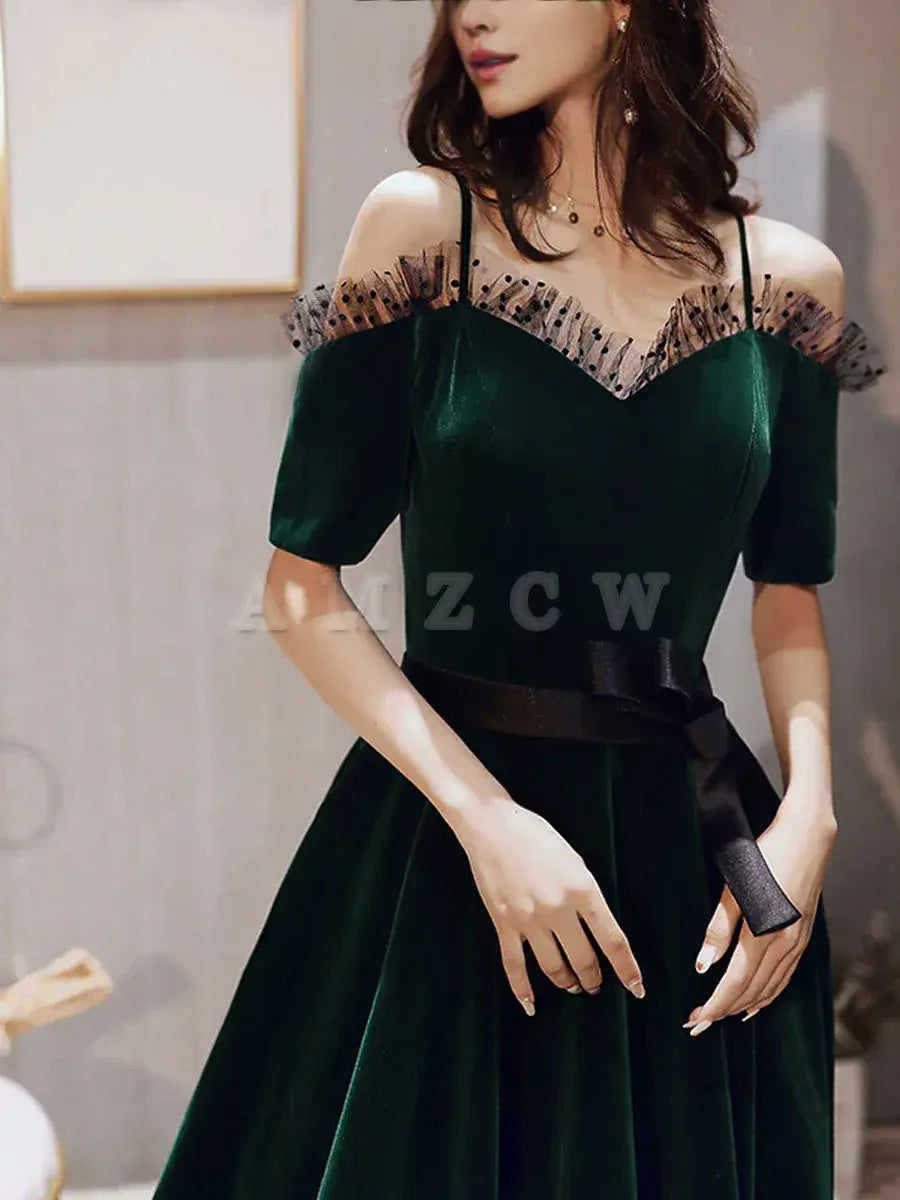 Vestido de fiesta largo de terciopelo verde de Amzcw, corte A, vestido de noche verde, vestidos formales. 