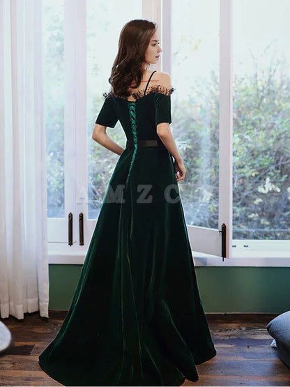Vestido de fiesta largo de terciopelo verde de Amzcw, corte A, vestido de noche verde, vestidos formales. 